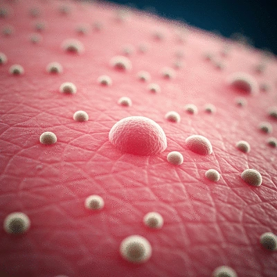 Microscopic view of Malassezia yeast on skin, causing fungal acne