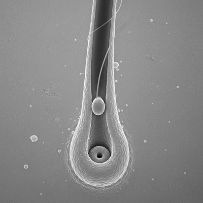 Microscopic view of hair follicle with clogged pore and trapped sebum, highlighting follicular hyperkeratinization, no text, no words, no typography, clean image