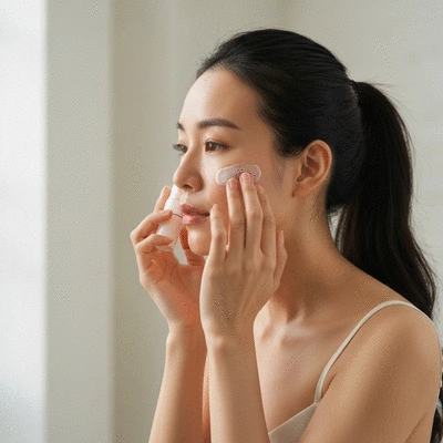 Woman looking in mirror, thoughtfully applying skincare product, representing effective skincare routine