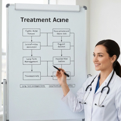 Detailed treatment plan for cystic acne, showing steps from initial assessment to regular follow-ups, clean image