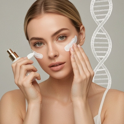 Woman applying personalized skincare products, with a subtle DNA helix graphic in the background, representing genetic influence. Clean, modern aesthetic, no text, no words, no typography, clean image