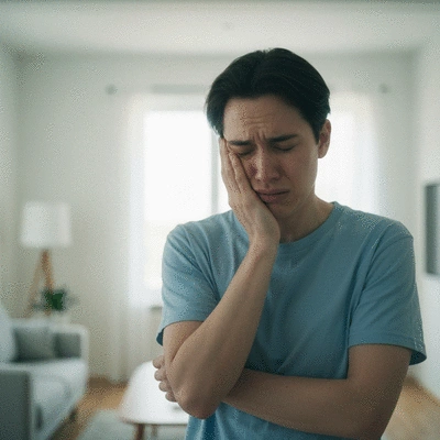 Person looking stressed while touching their face, clean background, natural lighting