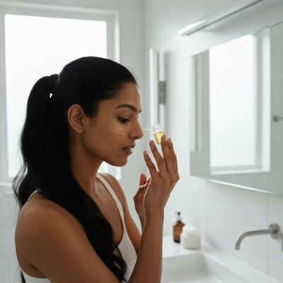 A woman applying a small amount of a natural serum or cream to her face, with a focus on a healthy, glowing complexion, clean, modern bathroom background, natural light, no text, no words, no typography, 8K