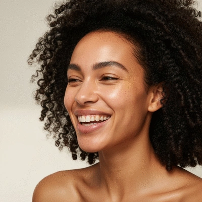 A woman smiling confidently, her skin clear and radiant after successful acne treatment, soft, natural lighting