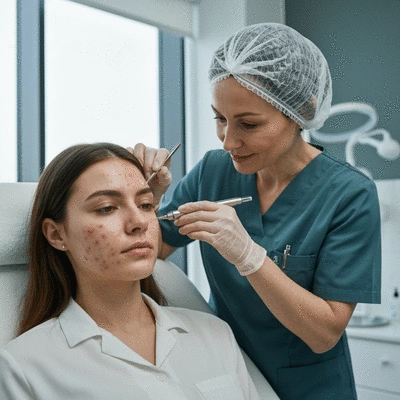 Close-up of a dermatologist applying a chemical peel solution to a patient's face, focusing on acne-prone areas. The setting is a clean, modern dermatology clinic, with soft, professional lighting. The patient has clear skin with a gentle, glowing effect post-treatment, no text, no words, no typography, no labels, clean image