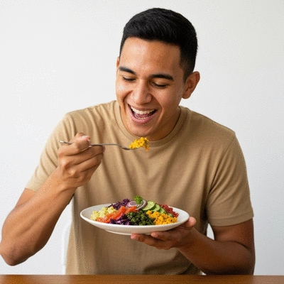 Person enjoying a colorful, healthy meal with clear skin