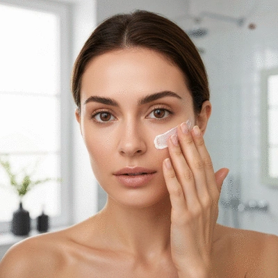 Close-up of a person applying clascoterone cream to their face, showing clear, healthy skin
