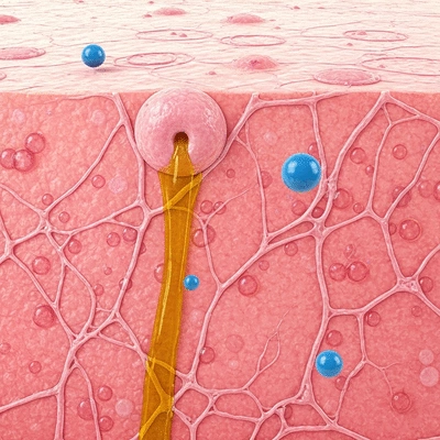Microscopic view of skin with sebaceous glands and androgen molecules, no text, no words, no typography, 8K, clean image