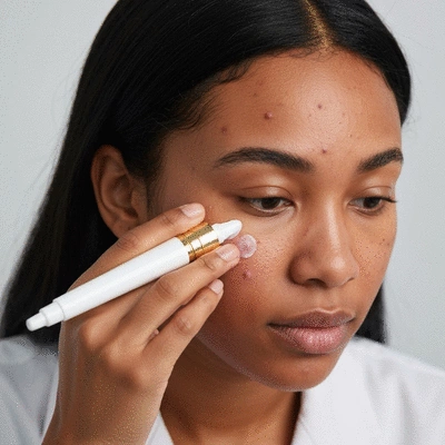 Close-up of a person applying a topical acne treatment to a nodular acne lesion on their skin