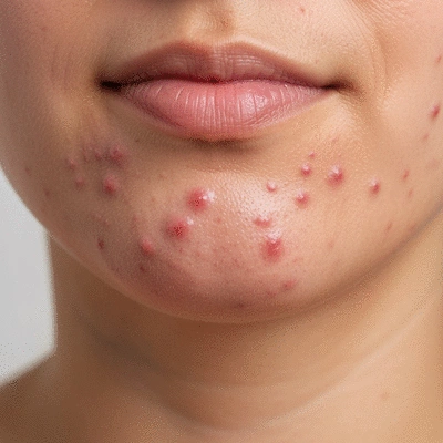 Close-up of a person's chin and jawline showing hormonal acne breakouts, with a focus on inflamed blemishes and uneven skin texture.