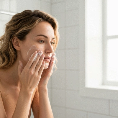 Woman performing evening skincare routine
