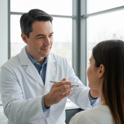 Dermatologist examining a patient's skin during a consultation for acne treatment