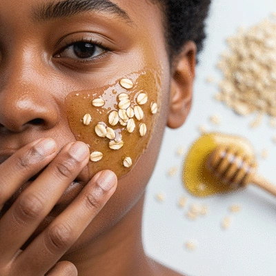 Close-up of a person gently applying a natural, homemade facial mask to their cheek, with fresh ingredients like honey and oats visible in the background, bright, clean aesthetic, no text, no words, no typography, 8K
