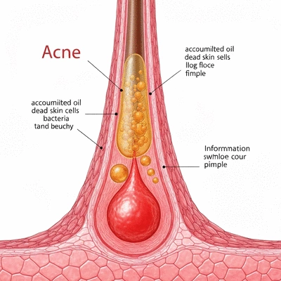 Microscopic view of a clogged hair follicle with oil, dead skin cells, and bacteria, leading to inflammation and a pimple, in a scientific illustration style, no text, no words, no typography, clean image