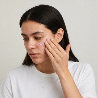 Person applying topical acne treatment to their face, reflecting self-care and acne management