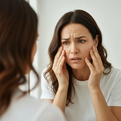 Woman looking stressed while examining her skin in a mirror