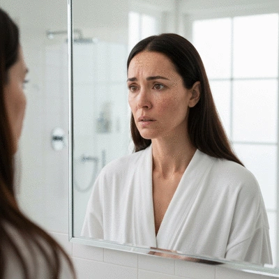 Woman in her 30s looking at her skin in a mirror, concerned expression, clear and bright bathroom setting, no text, no words, no typography, clean image