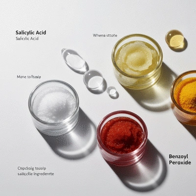 Close-up of various skincare ingredients like salicylic acid and benzoyl peroxide in small glass containers