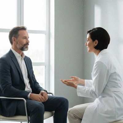 Person consulting with a dermatologist, clean, professional setting, no text, no words, no typography, clean image