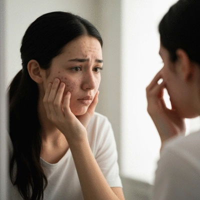 Person looking distressed in a mirror, symbolizing the emotional toll of severe acne