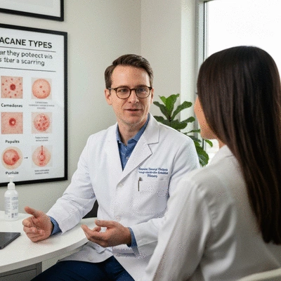 Dermatologist explaining different acne types and their impact on scarring to a patient, using a visual aid or diagram, professional office setting, clean image, no text, no words, no typography, no labels, 8K