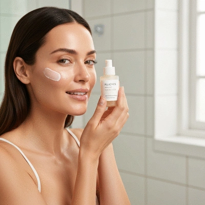 Woman applying skincare product to her face, focus on a clear, glowing complexion, natural light, no text, no words, no typography, 8K