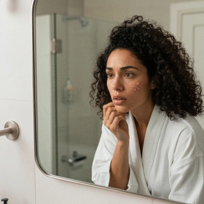 Woman looking closely at her skin in a mirror, concerned expression, soft lighting, no text, no words, no typography, 8K