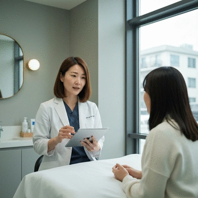 Dermatologist consulting with a patient about skincare in a clean, modern clinic, professional setting, no text, no words, no typography, clean image