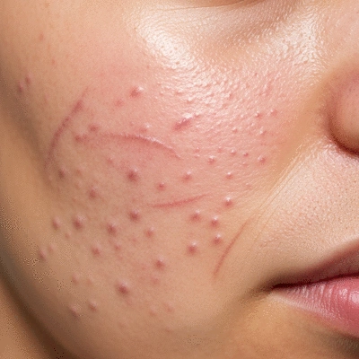 Close-up of a person's cheek with various types of acne scars (ice pick, rolling, boxcar) clearly visible, illustrating the different textures and depths, clean image, no text, no words, no typography, no labels, 8K