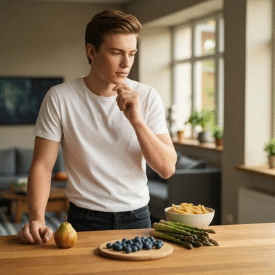 Person looking at healthy food options with clear skin