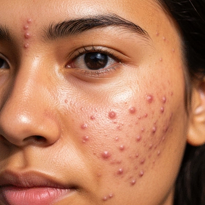 Person's face showing signs of acne breakouts due to seasonal changes, with a mix of oily and dry skin patches