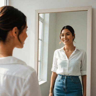 Woman with clear, healthy skin looking confidently at her reflection