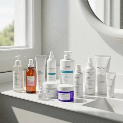 Variety of over-the-counter acne products on a clean bathroom counter