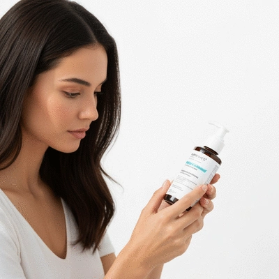 Person examining a skincare product label, emphasizing ingredients, clean image