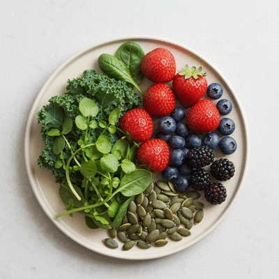 A balanced plate of healthy, antioxidant-rich foods like berries, leafy greens, and nuts, representing a diet beneficial for skin health.