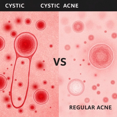 Microscopic comparison of cystic vs regular acne with inflamed cysts and surface blemishes