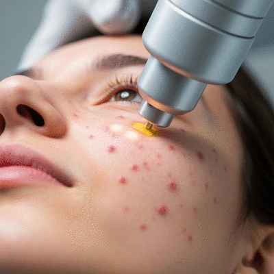 Close-up of a person receiving laser therapy on their face for acne, with a soft blur and clinical lighting