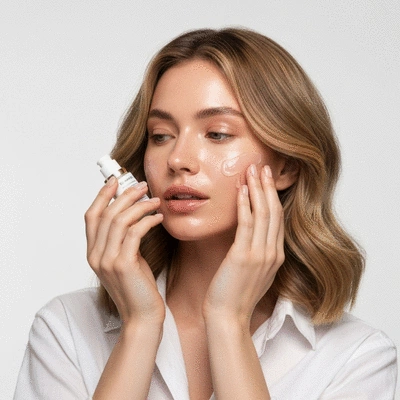 Young woman with healthy skin applying a gentle face serum, natural lighting