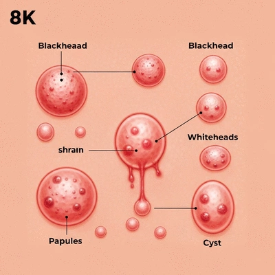 Illustration of different acne types like blackheads, whiteheads, papules, and cysts on skin, with clear labels and distinctions, no text, no words, no typography, 8K, clean image